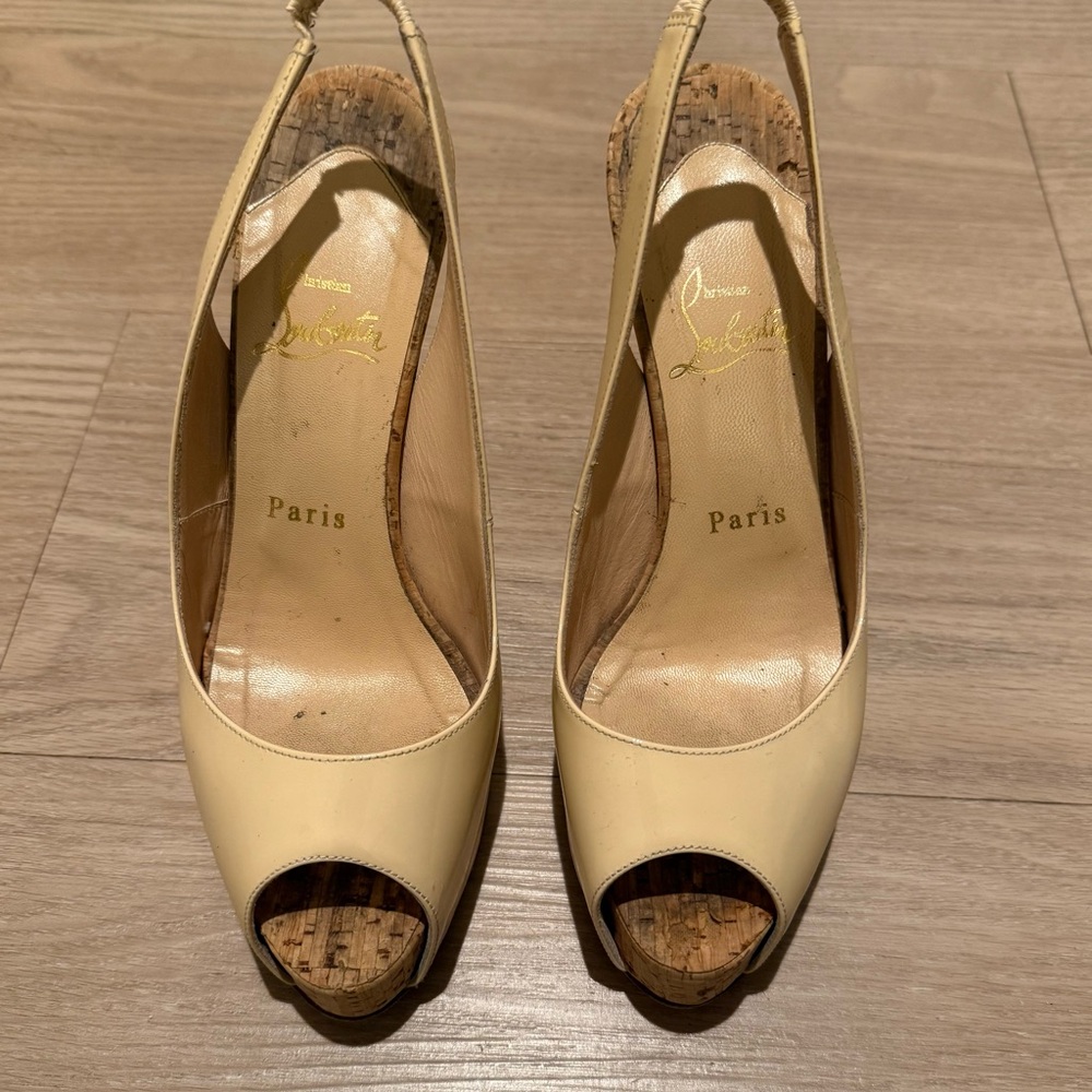 Christian Louboutin Cream Patent Slingback Cork Platform Heels - Picture 7 of 8